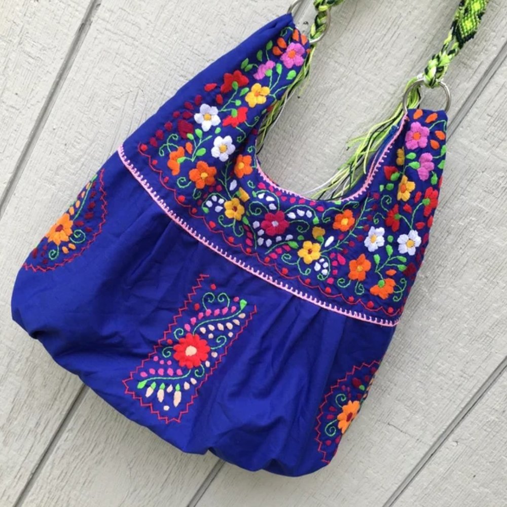 Handmade Floral Embroidered Mexican Satchel Morral Bag - Bolsa Bordada Mexicana